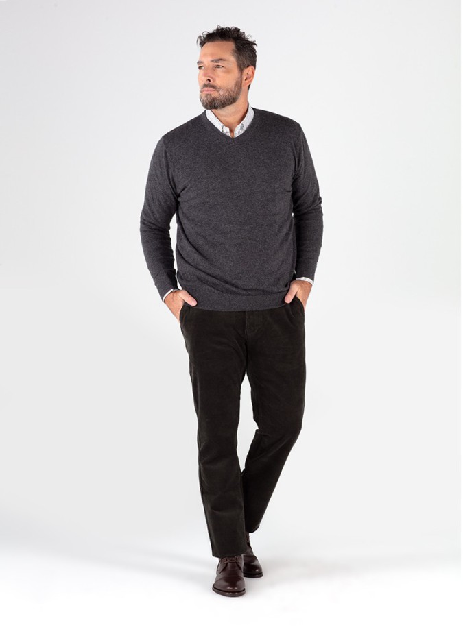Grey V Neck Wool Sweater
