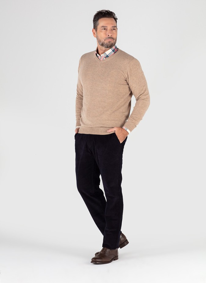 Camel V Neck Wool Sweater