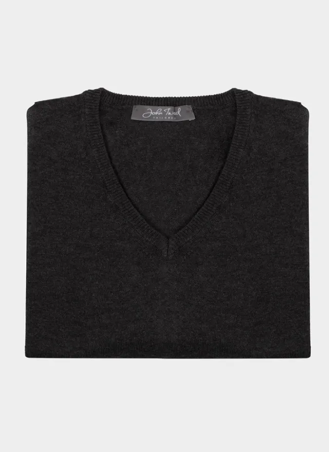 Grey V Neck Cotton and Cashmere Knit| JOHN TWEED TAILORED
