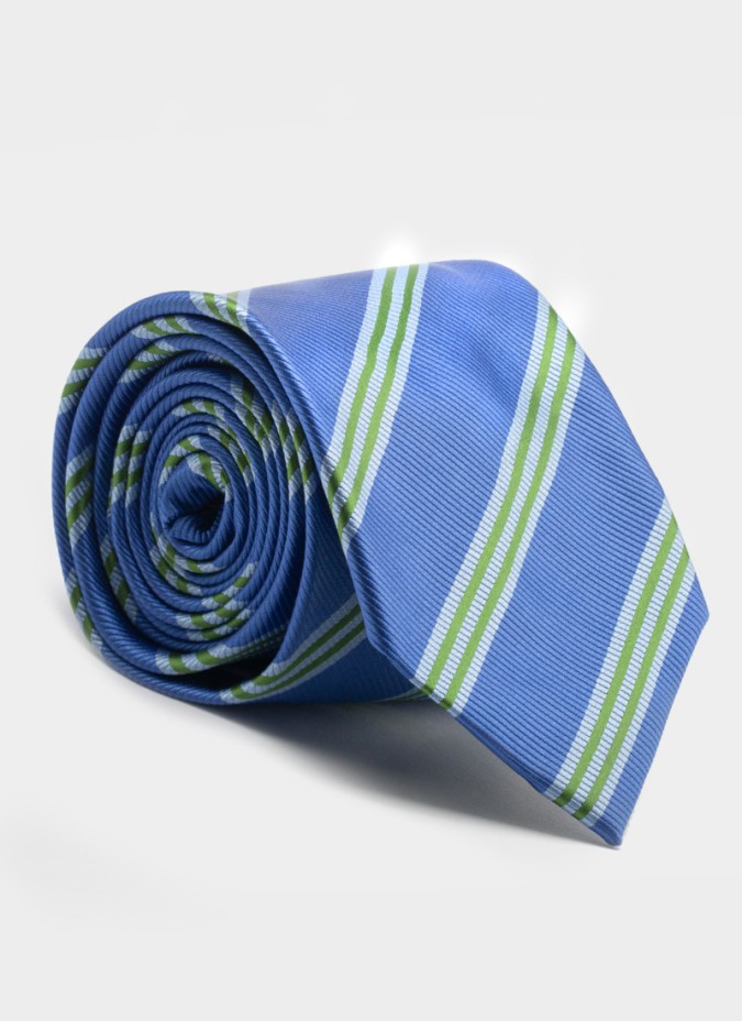 Gravata de Seda Azul com Dupla Risca Verde
