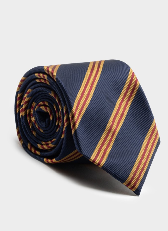 Gravata de Seda Marinho com Risca Camel e Vermelho