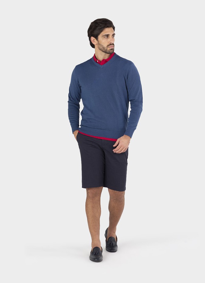 Jersey Cuello V de Algodon Azul Índigo