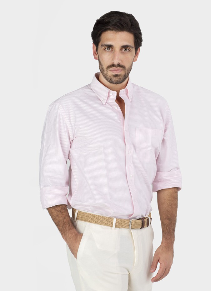 Camisa Sport Oxford Risca Rosa