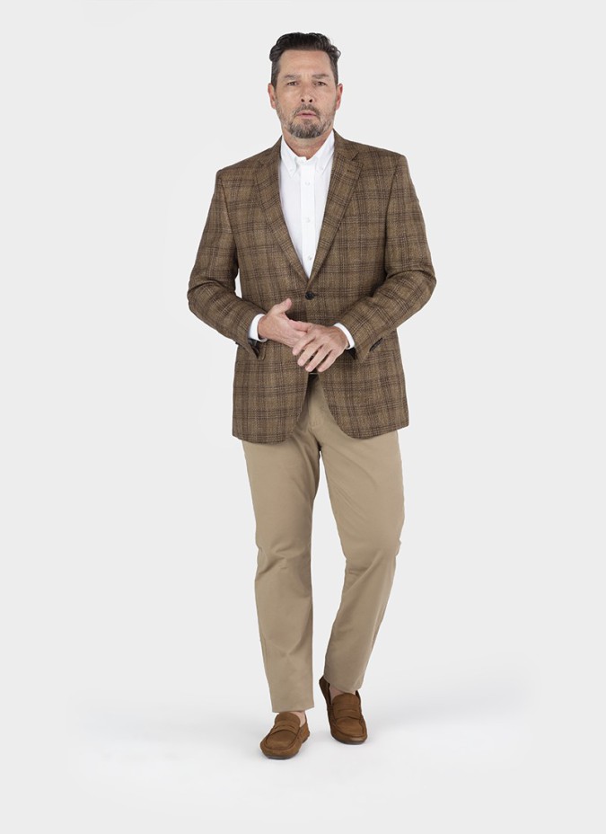 Blazer de Lã Seda e Linho Quadrado Castanho