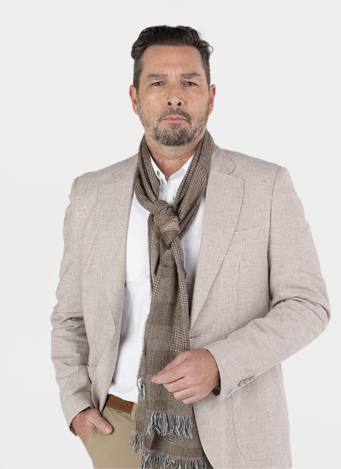 Blazer de Algodão e Linho Pied Poule Bege