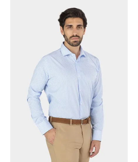 Camisa Clássica Azul com Risca Branca