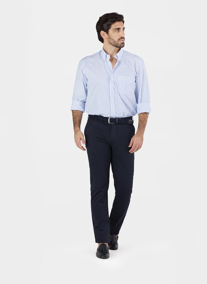 Camisa Sport Popeline Risca Azul