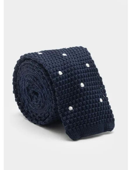 Navy Blue Silk Knit Tie with White Dot| JOHN TWEED