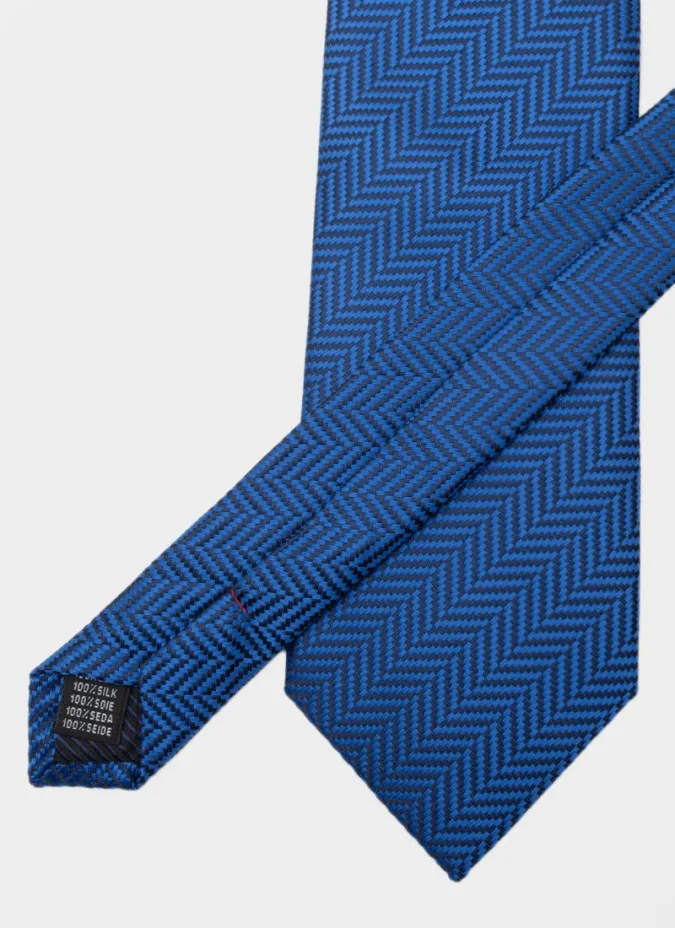 Indigo Blue Herringbone Silk Tie| JOHN TWEED