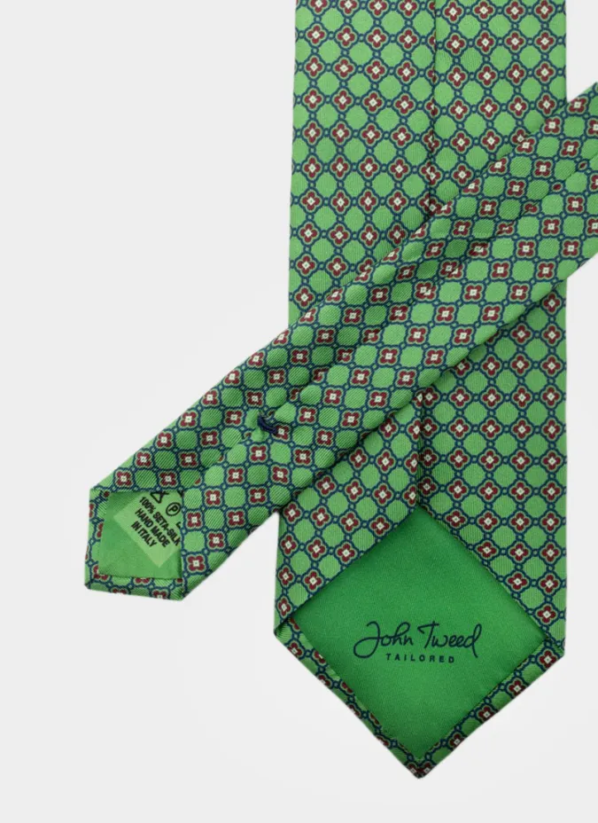 Corbata de Seda Verde con Flor Burdeos| JOHN TWEED