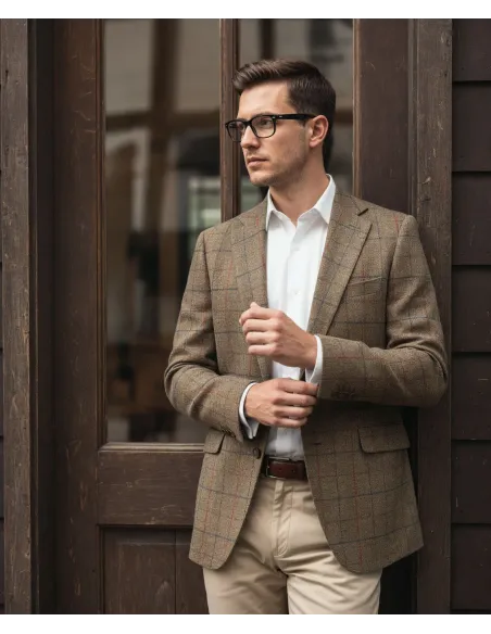 Brown Herringbone Blazer with Windowpane Pattern| JOHN TWEED TAILORED