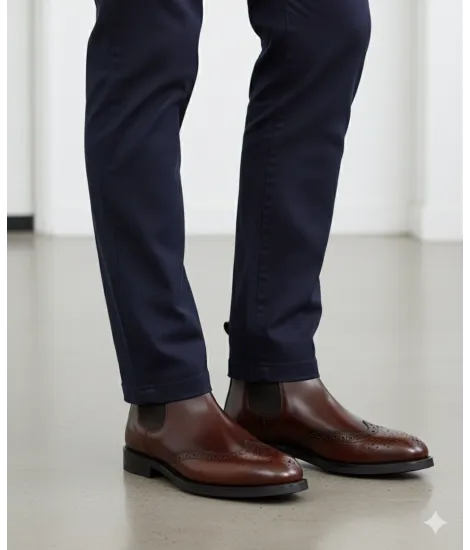 Bota Chelsea Pele Polida Castanho com Picotado| JOHN TWEED TAILORED