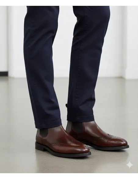Botin Chelsea Piel Marrón Pulida com Brocado| JOHN TWEED