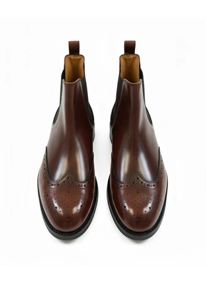 Bota Chelsea Pele Polida Castanho com Picotado| JOHN TWEED TAILORED