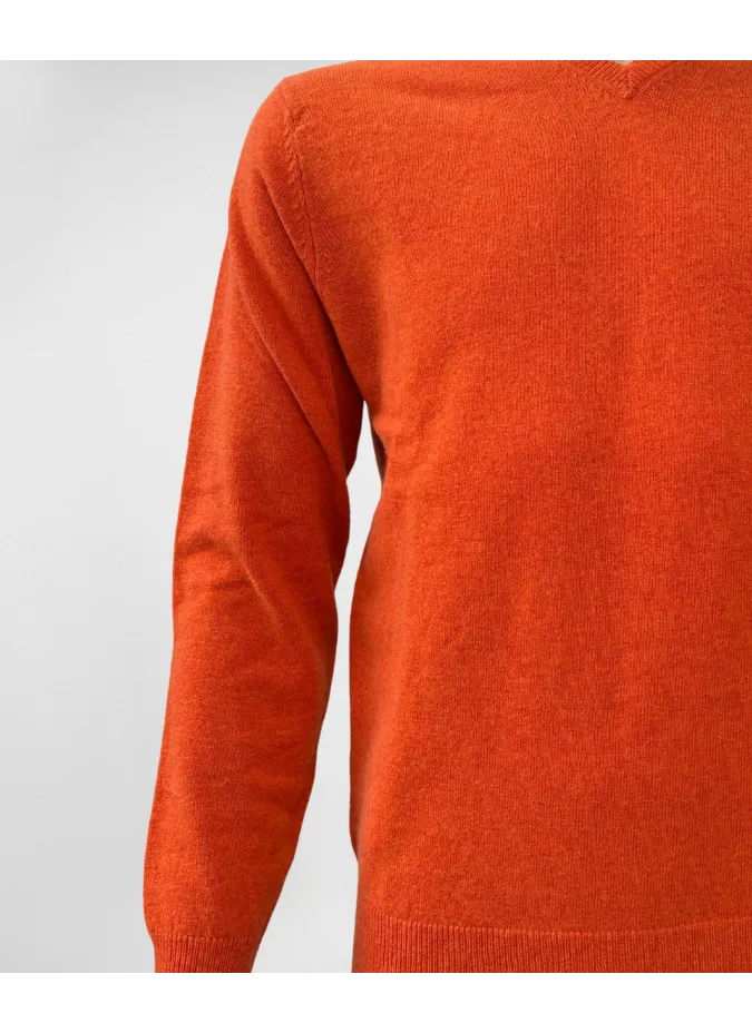 Orange V Neck Wool Sweater| JOHN TWEED TAILORED