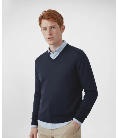 Navy Blue V Neck Wool Sweater