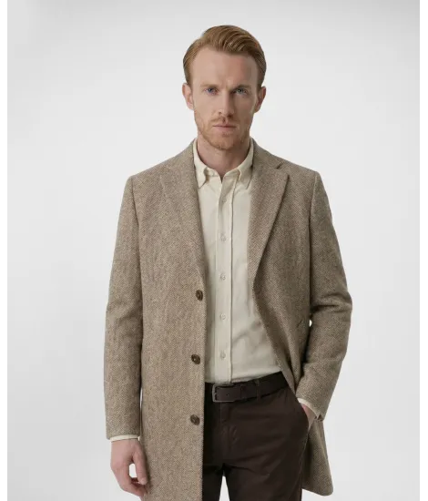 Beige Herringbone Wool Overcoat| JOHN TWEED TAILORED