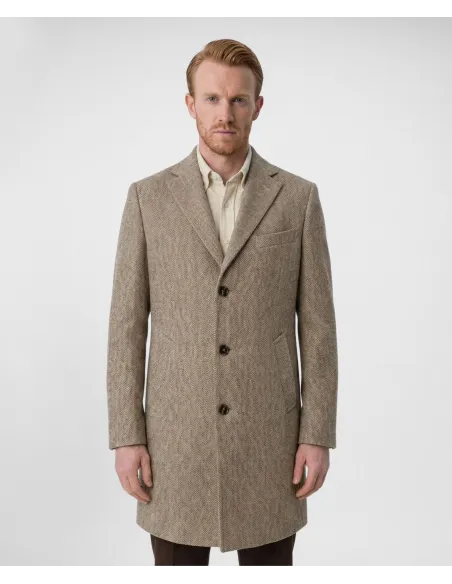 Beige Herringbone Wool Overcoat| JOHN TWEED TAILORED