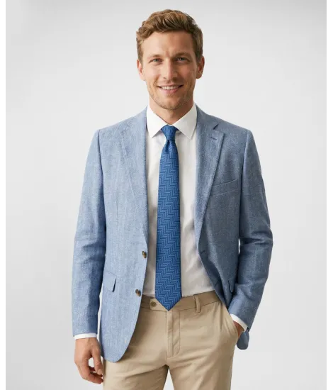 Blazer de Algodão e Linho Espinha Azul Claro