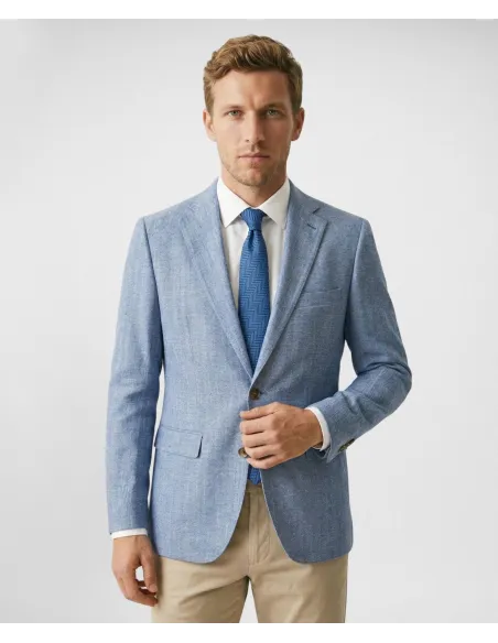 Blazer de Algodão e Linho Espinha Azul Claro