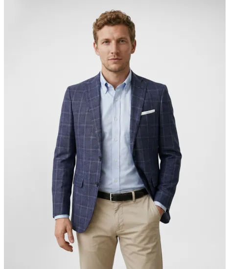 Navy Blue Checks Linen and Wool Blazer
