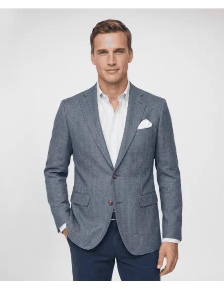 Blazer de Algodão e Linho Espinha Azul Escuro