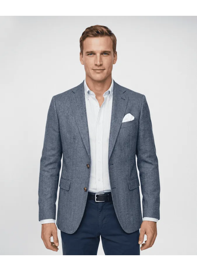 Blazer de Algodão e Linho Espinha Azul Escuro