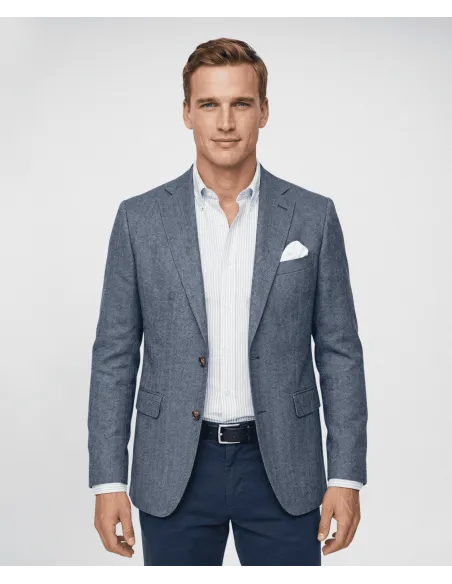 Blazer de Algodão e Linho Espinha Azul Escuro