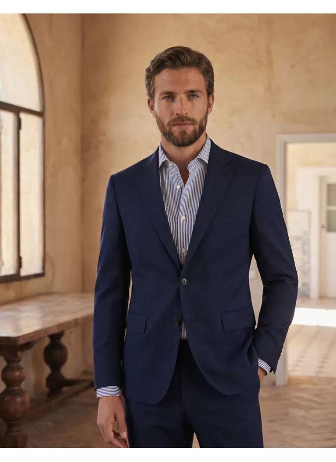 Camisa de lino de raya azul oscura