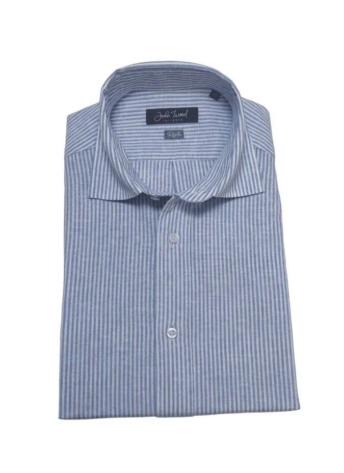 Camisa de lino de raya azul clara