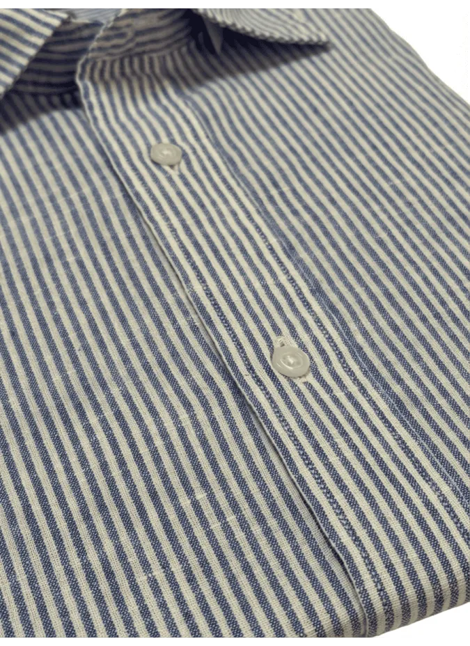Camisa de Linho Risca Azul Escura