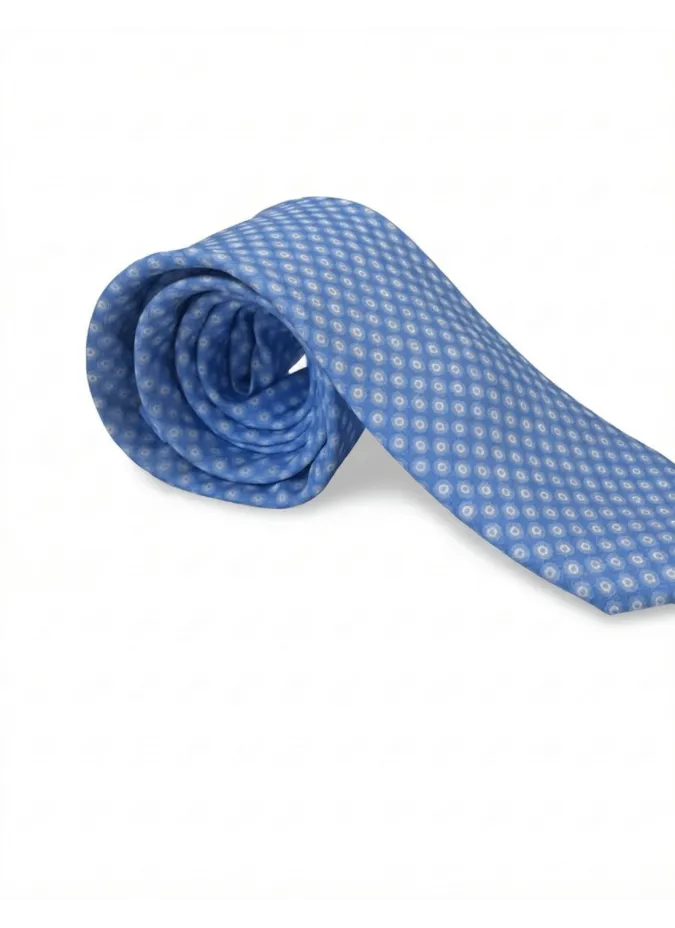 Gravata de Seda Azul com Padrão Branco