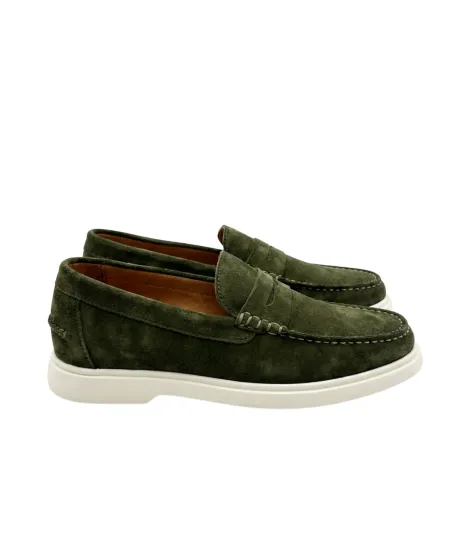 Green loafer with white sole