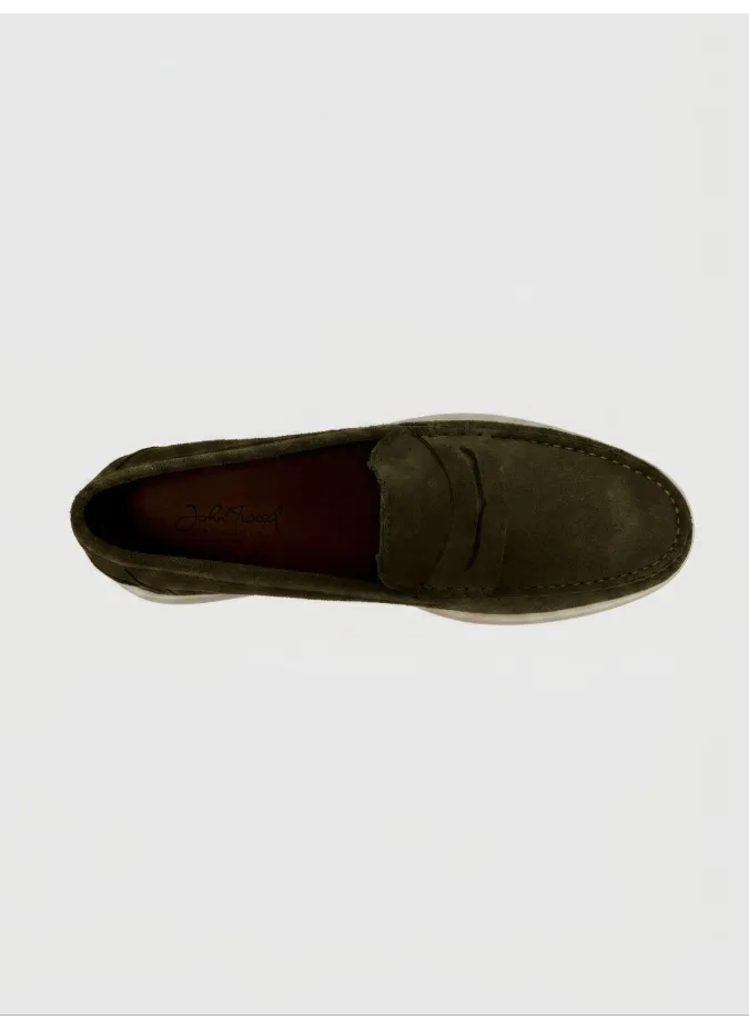 Green loafer with white sole
