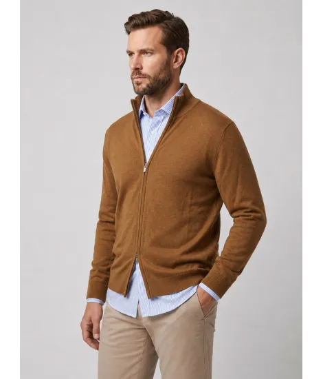 Camel Cotton and Cashmere Zip Sweater| JOHN TWEED TAILORED