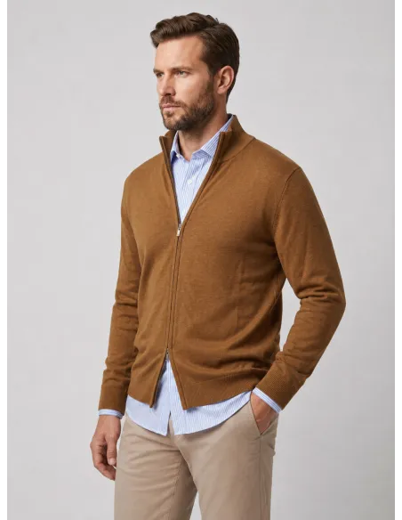 Camel Cotton and Cashmere Zip Sweater| JOHN TWEED TAILORED