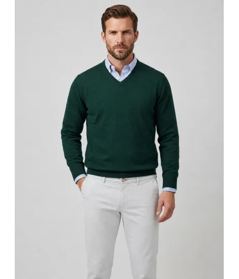 Indigo Blue Cotton and Cashmere V-Neck Sweater