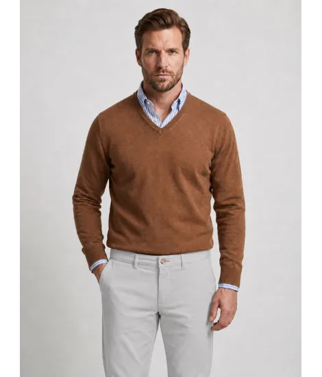 Jersey Cuello V de Algodon y Cachemir Camel | JOHN TWEED