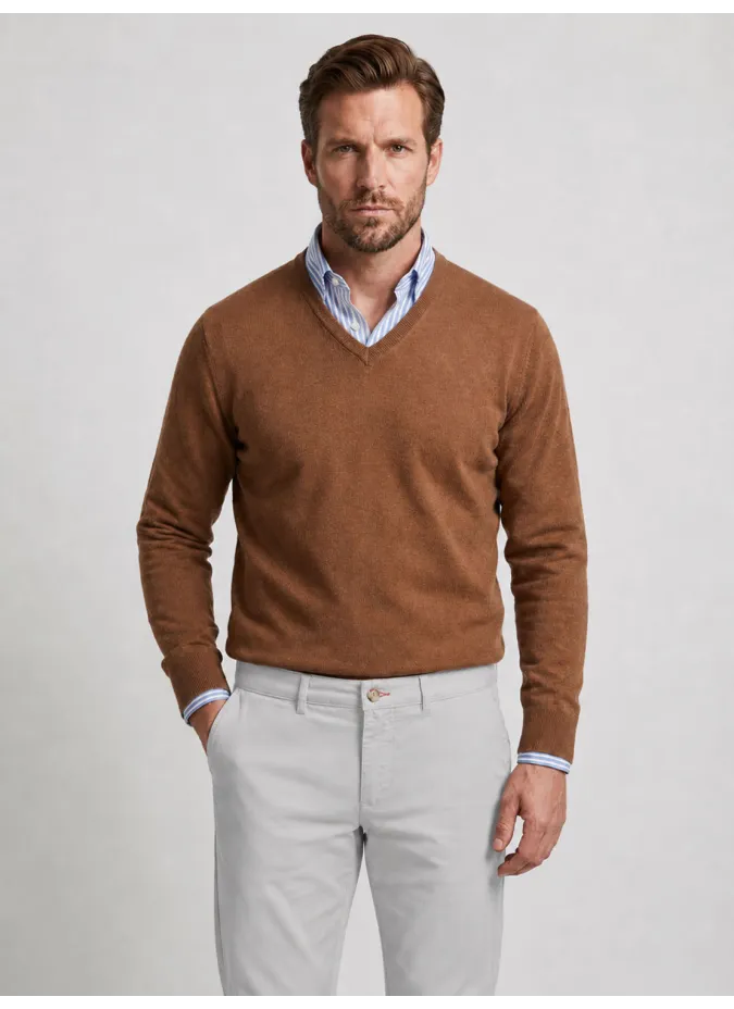 Jersey Cuello V de Algodon y Cachemir Camel | JOHN TWEED