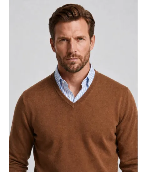 Camel V Neck Cotton and Cashmere Knit| JOHN TWEED TAILORED 2