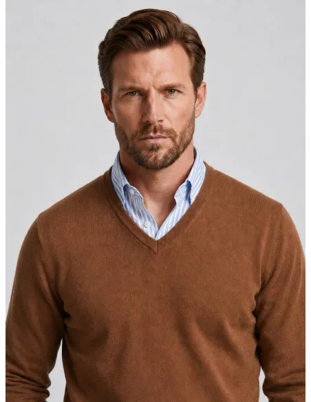 Jersey Cuello V de Algodon y Cachemir Camel | JOHN TWEED