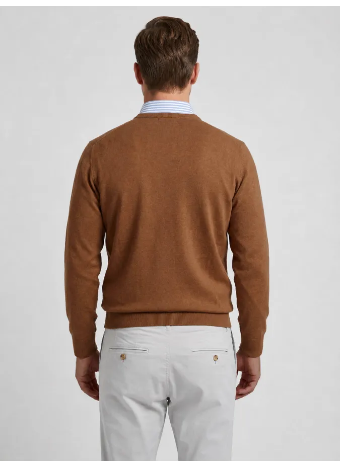 Camel V Neck Cotton and Cashmere Knit| JOHN TWEED TAILORED