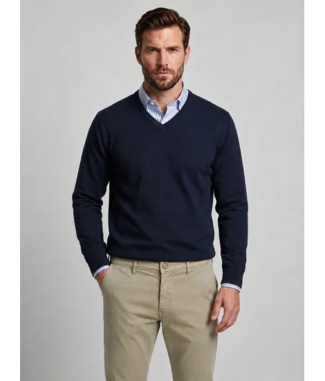 Jersey de Algodón y Cachemira Azul Marino con Cuello de Pico