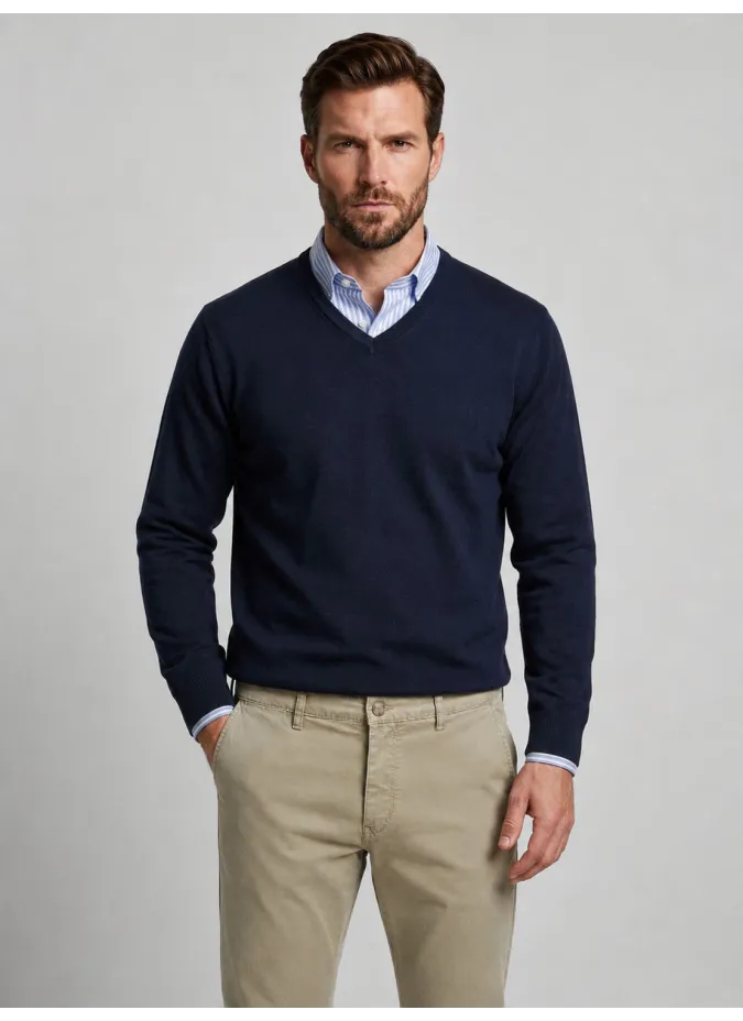 Jersey de Algodón y Cachemira Azul Marino con Cuello de Pico