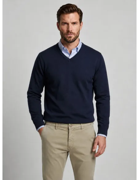 Navy Cotton and Cashmere V-Neck Sweater