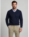 Jersey de Algodón y Cachemira Azul Marino con Cuello de Pico