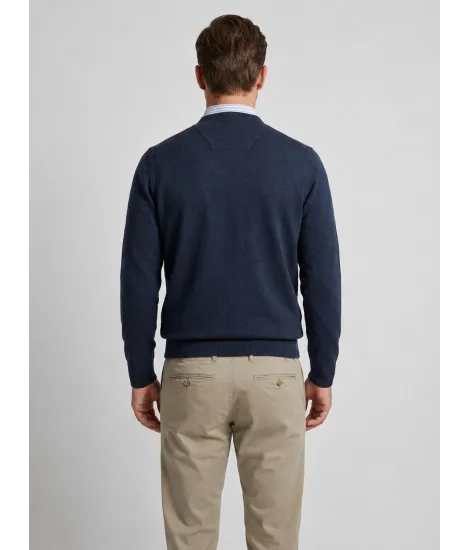 Navy Cotton and Cashmere V-Neck Sweater 2