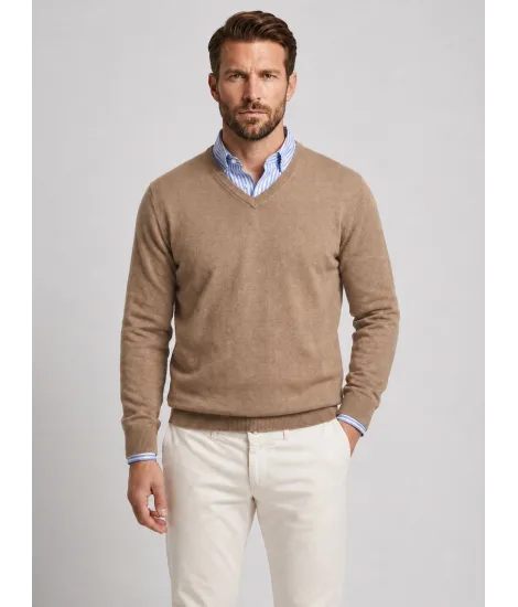 Jersey de Algodón y Cachemira Beige con Cuello de Pico
