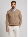 Beige Cotton and Cashmere V-Neck Sweater