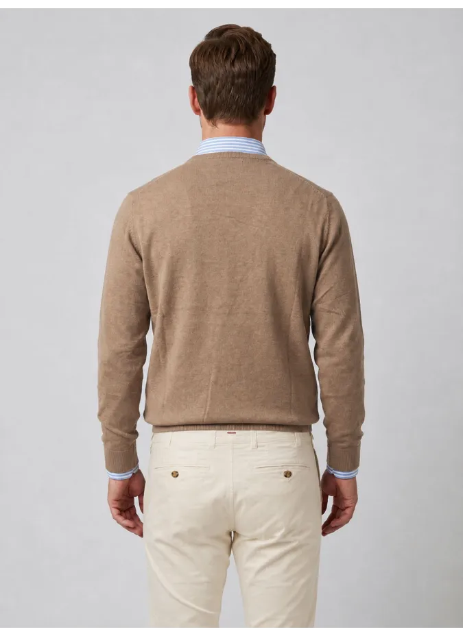Jersey de Algodón y Cachemira Beige con Cuello de Pico